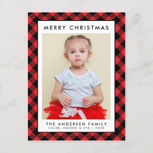 Rustic Christmas Red Buffalo Plaid Photo Holiday Postcard