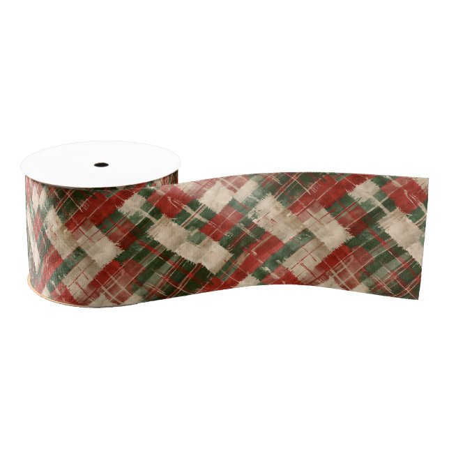 Rustic Christmas Red Green and Cream Tartan Grosgrain Ribbon (Spool)
