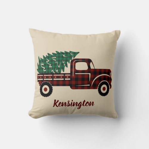 Rustic Christmas Red Plaid Truck Family Name Throw Pillow