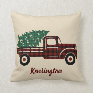 Rustic Christmas Red Plaid Truck Family Name Throw Pillow