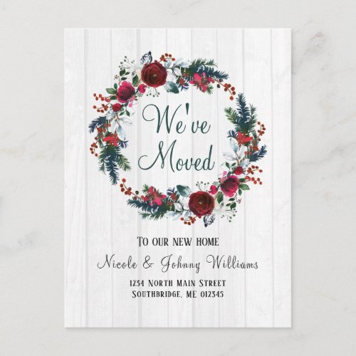 Rustic Christmas Red Roses Floral Wreath Moving Announcement Postcard