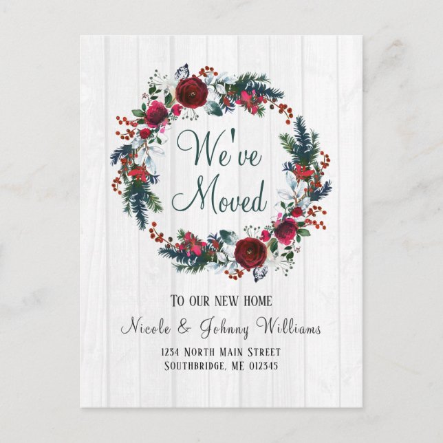 Rustic Christmas Red Roses Floral Wreath Moving Announcement Postcard (Front)