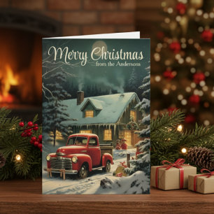 Rustic Christmas Red Truck And Home Custom Holiday Card