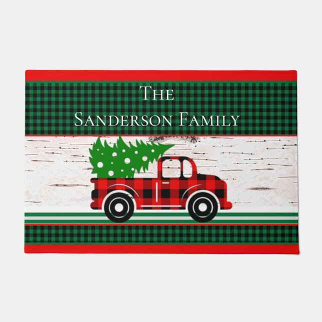Rustic Christmas Red Truck Green Buffalo Plaid Doormat (Front)