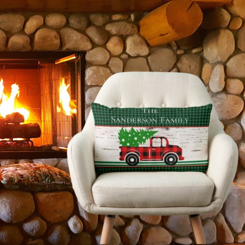 Rustic Christmas Red Truck Green Buffalo Plaid Lumbar Pillow