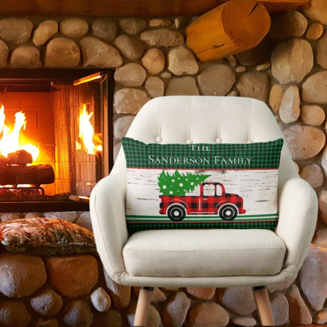 Rustic Christmas Red Truck Green Buffalo Plaid Lumbar Pillow (Creator Uploaded)