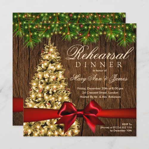 Rustic Christmas Rehearsal Dinner Tree  Ribbon Invitation