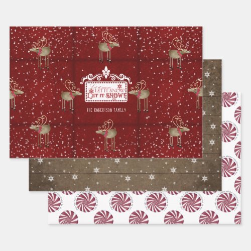 Rustic Christmas Reindeer Let it Snow Peppermint Wrapping Paper Sheets