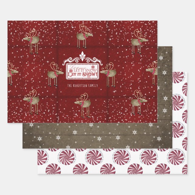 Rustic Christmas Reindeer Let it Snow Peppermint Wrapping Paper Sheets (Set)