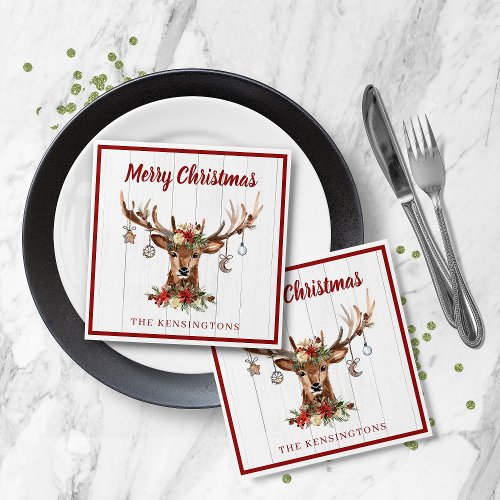 Rustic Christmas Reindeer Ornaments on White Wood Napkins