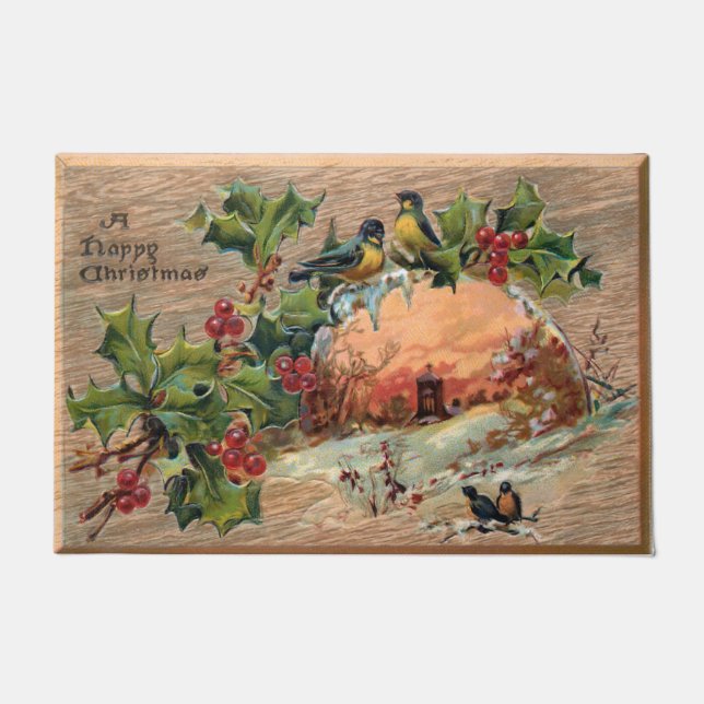 Rustic Christmas Scene on Weathered Wood Doormat (Front)