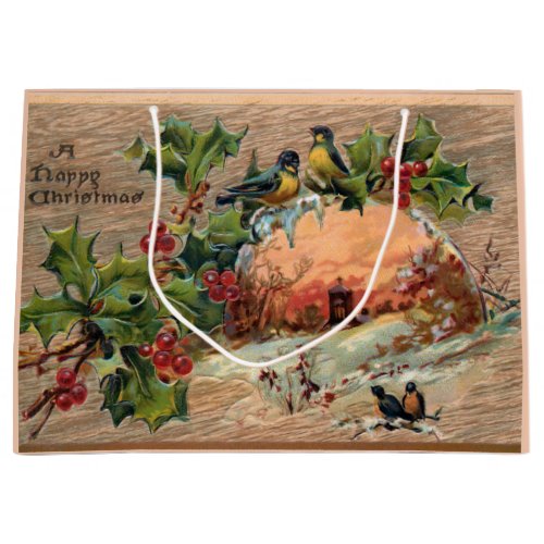 Rustic Christmas Scene on Weathered Wood Large Gift Bag