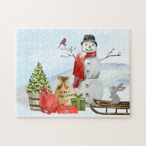 Rustic Christmas Scene Snowman Snow Tree Jigsaw Puzzle