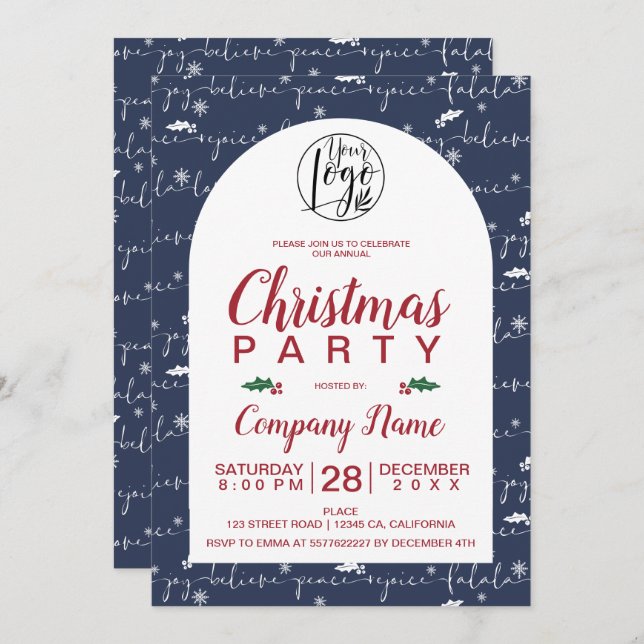 Rustic Christmas script corporate party blue Invitation (Front/Back)