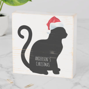 Rustic Christmas Silhouette Cat Personalized Wooden Box Sign