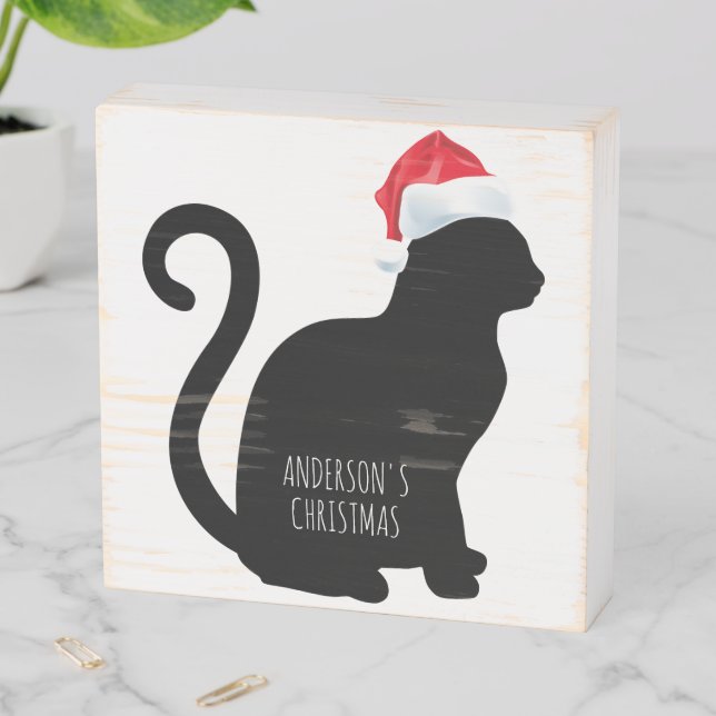 Rustic Christmas Silhouette Cat Personalized Wooden Box Sign (In Situ Horizontal)
