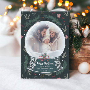 Rustic Christmas snow globe floral family photo Holiday Card