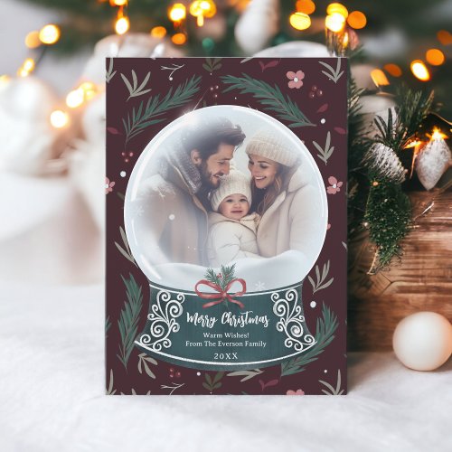 Rustic Christmas snow globe floral family photo Holiday Card