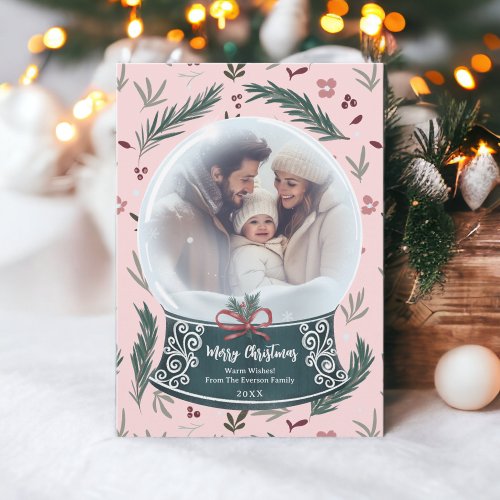 Rustic Christmas snow globe floral family photo Holiday Card