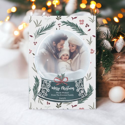 Rustic Christmas snow globe floral family photo Holiday Card