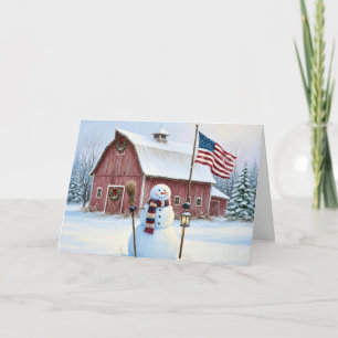 Rustic Christmas Snowman American Flag Holiday Card