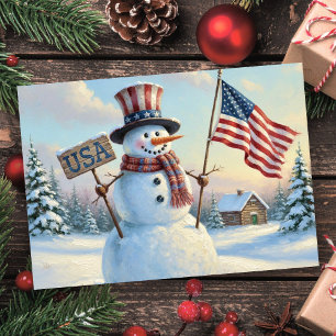 Rustic Christmas Snowman American Flag Holiday Card