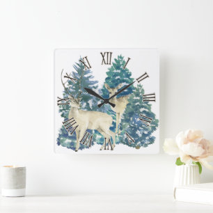 Rustic Christmas Snowy Forest Deer Decor For Home Square Wall Clock