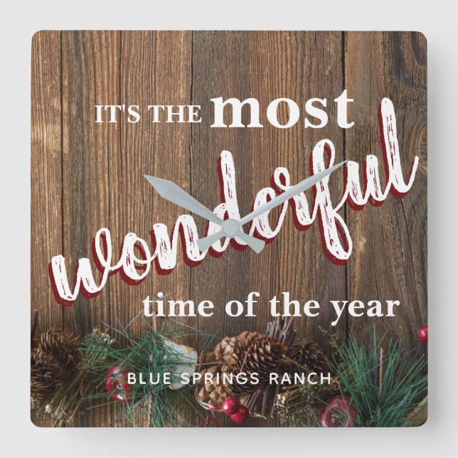 Rustic Christmas Square Wall Clock (Front)