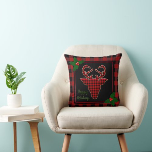 Rustic Christmas Stag Deer Head Buffalo Plaid Throw Pillow