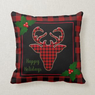 Rustic Christmas Stag Deer Head Buffalo Plaid Throw Pillow