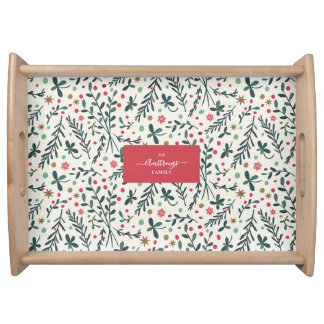 Rustic Christmas Star Foliage Family Name Serving Tray