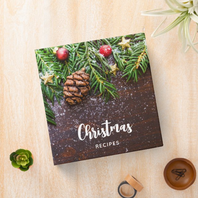 Rustic Christmas Table with Pine & Snow 3 Ring Binder (In Situ)