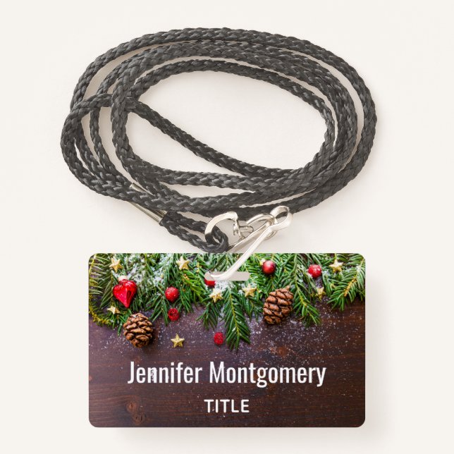 Rustic Christmas Table with Pine & Snow Badge (Front with Lanyard)