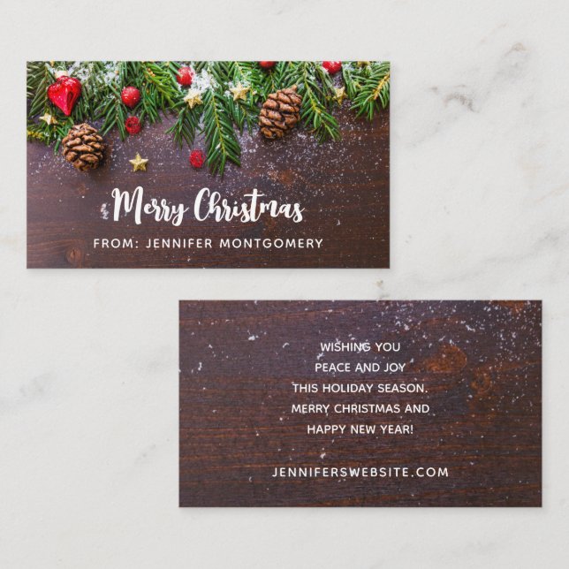 Rustic Christmas Table with Pine & Snow Business Card (Front/Back)
