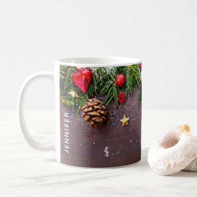 Rustic Christmas Table with Pine & Snow Coffee Mug (With Donut)