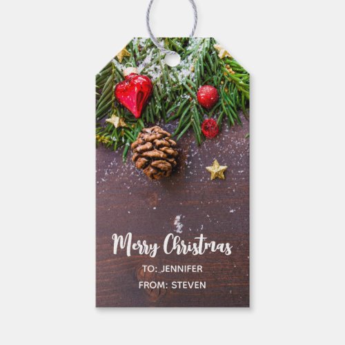 Rustic Christmas Table with Pine  Snow Gift Tags