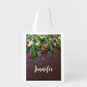 Rustic Christmas Table with Pine & Snow Grocery Bag