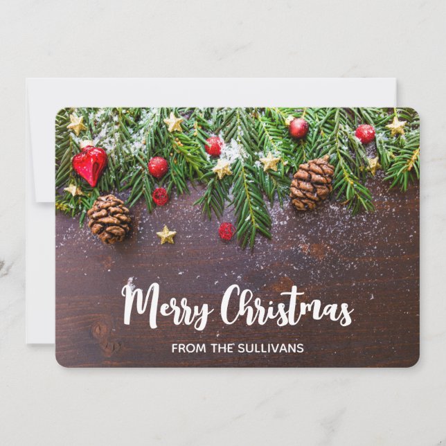 Rustic Christmas Table with Pine & Snow Holiday Card (Front)