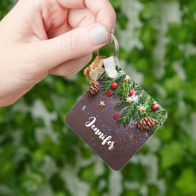 Rustic Christmas Table with Pine & Snow Keychain (Hand)