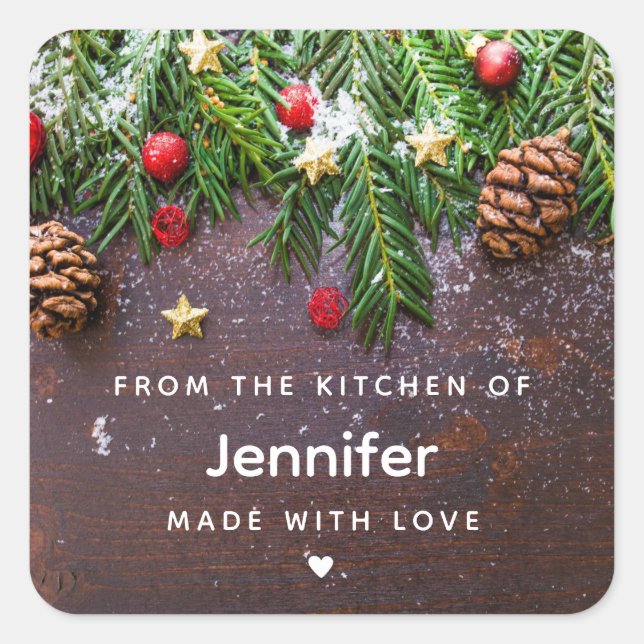Rustic Christmas Table with Pine & Snow Kitchen Square Sticker (Front)