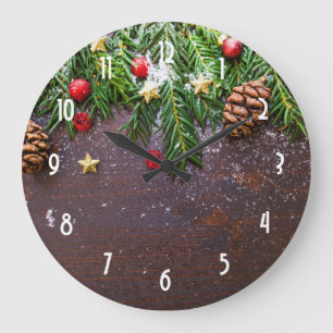 Rustic Christmas Table with Pine & Snow Large Clock