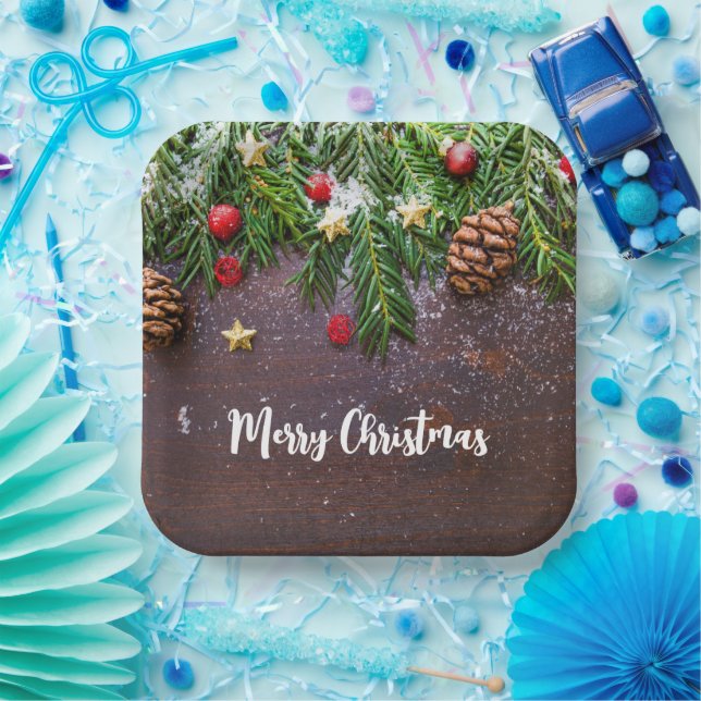 Rustic Christmas Table with Pine & Snow Paper Plates (Party)