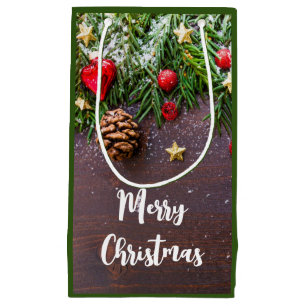 Rustic Christmas Table with Pine & Snow Small Gift Bag