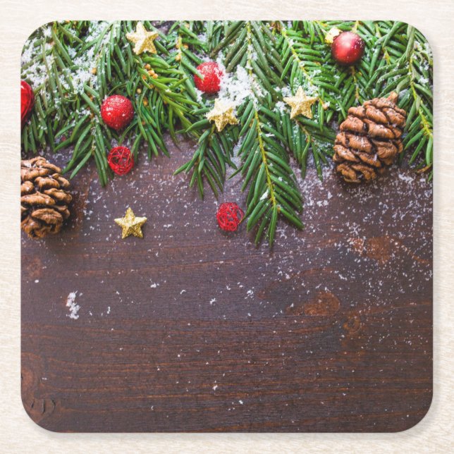 Rustic Christmas Table with Pine & Snow Square Paper Coaster (Front)