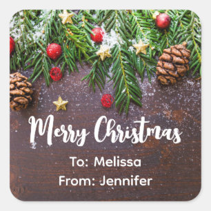 Rustic Christmas Table with Pine & Snow Square Sticker