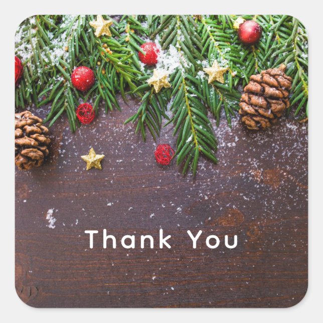 Rustic Christmas Table with Pine & Snow Square Sticker (Front)