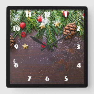Rustic Christmas Table with Pine & Snow Square Wall Clock