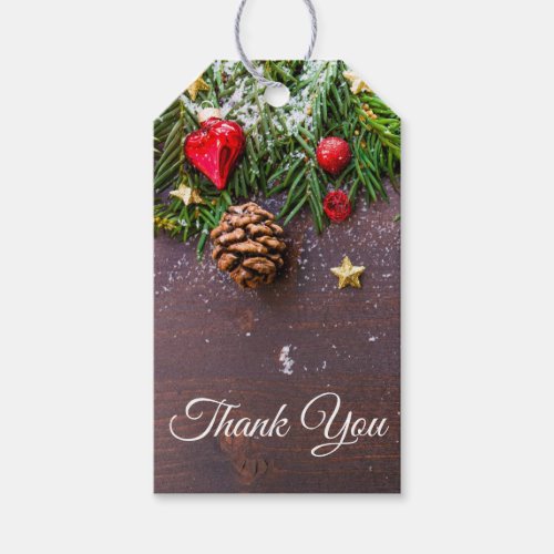 Rustic Christmas Table with Pine  Snow Thank You Gift Tags