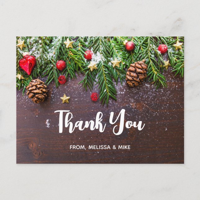 Rustic Christmas Table with Pine & Snow Thank You Postcard (Front)
