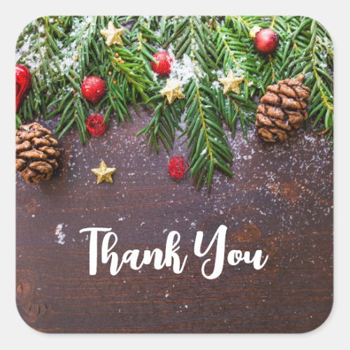 Rustic Christmas Table with Pine  Snow Thank You Square Sticker